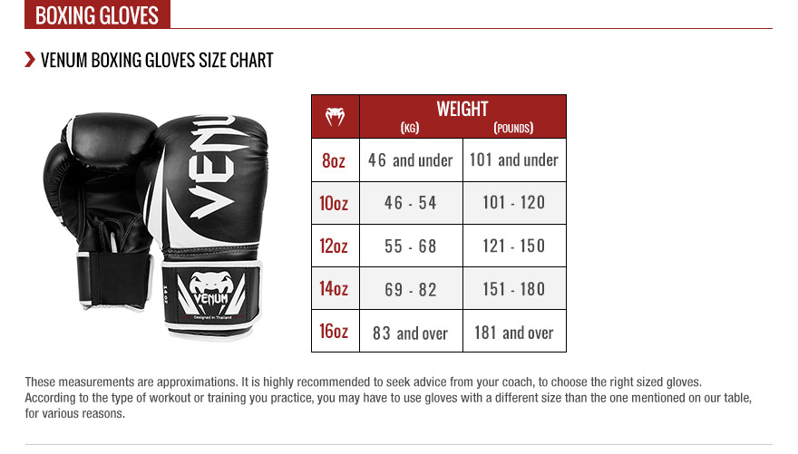 venum sizing chart boxing gloves